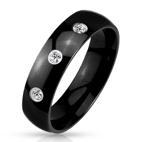 6mm 3 CZ Set Classic Dome Black IP 316L Stainless Steel Wedding Band Men's Ring - Zhannel