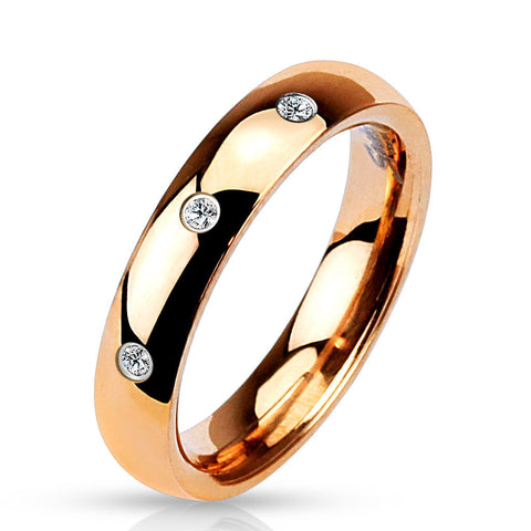 4mm 3 Clear CZ Set Classic Dome Rose Gold IP 316L Stainless Steel Wedding Band - Zhannel