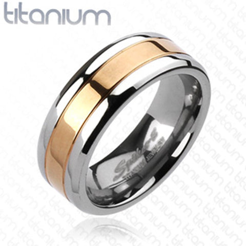 8mm Center Rose Gold IP Band Ring Solid Titanium Men's Ring Wedding band - Zhannel