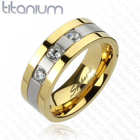 8mm 3 CZs with Gold IP Edges 2-Tone Brushed Center Ring Solid Titanium - Zhannel