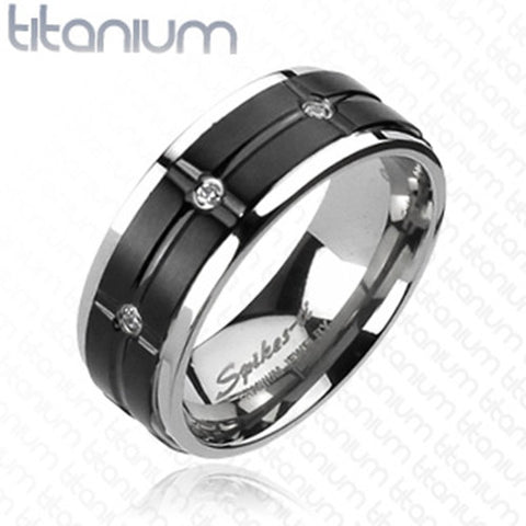 8mm Grooved Black IP Center Multi-CZs Ring Solid Titanium Men's Ring - Zhannel