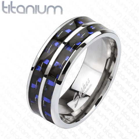 8mm Blue Carbon Fiber Inlay with Slit Center Band Ring Solid Titanium Men's Ring - Zhannel