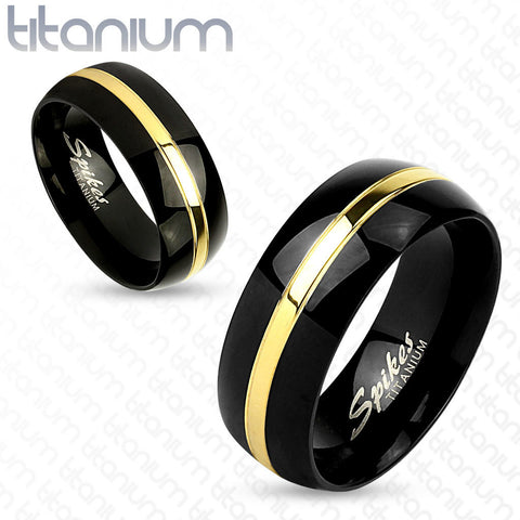 8mm Two Tone Gold Line Center Black IP Titanium Men's Ring Wedding Band - Zhannel