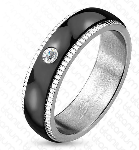 6mm Grooved Step Edge Black IP Solitaire CZ Titanium Men's Ring Wedding Band - Zhannel