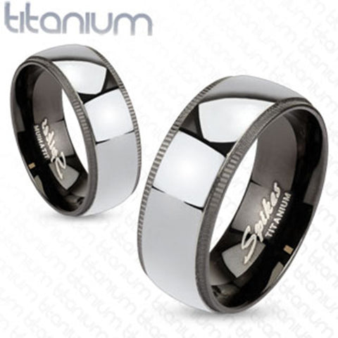 8mm Grooved Edges Black Titanium with Solid Titanium Center Band Men's Ring - Zhannel
