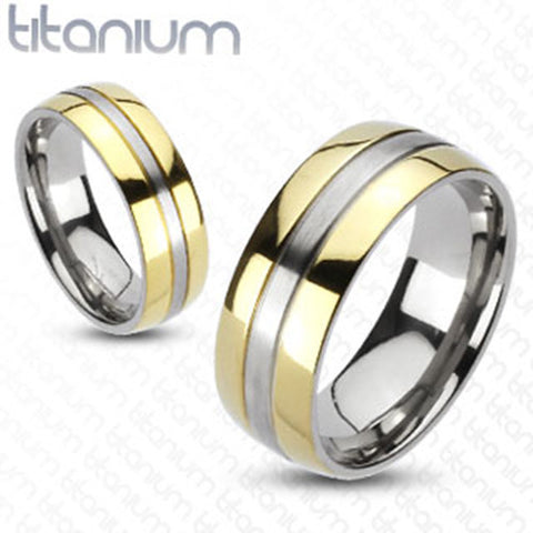 8mm 2-Tone Gold IP Edges Band Ring Solid Titanium Wedding Band Men's Ring - Zhannel
