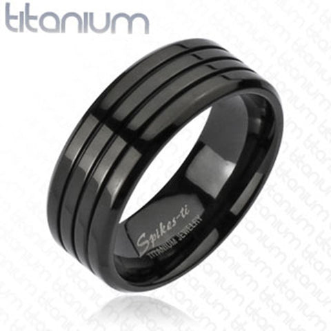 8mm Multi Groove Black IP Band Ring Solid Titanium Men's Fashion Ring - Zhannel