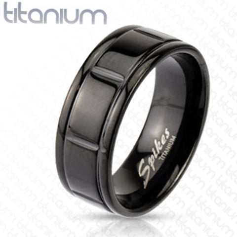 8mm Box Grooved Solid Titanium Black IP Band Men's Ring - Zhannel