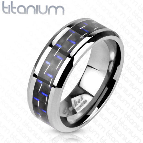 8mm Black with Blue Stripe Carbon Fiber Inlay Band Ring Solid Titanium Men's Ring - Zhannel