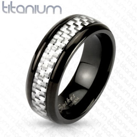 8mm White Silver Carbon Fiber Inlay Center Band Ring Black IP Titanium Men's Ring - Zhannel