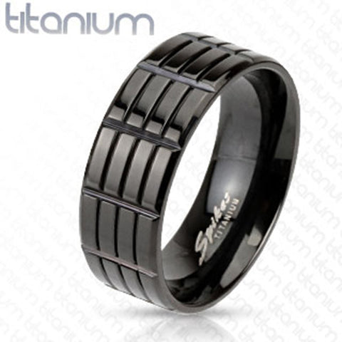 8mm Triple Grooved Solid Titanium Black IP Band Men's Fashion Ring - Zhannel