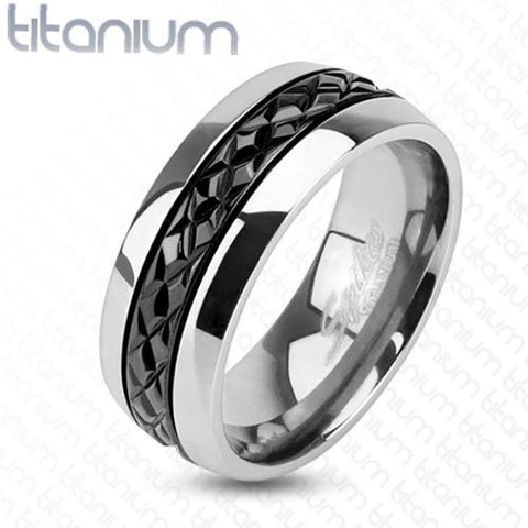 8mm Diagonal Cut Pattern Black IP Centered Ring Titanium Men's Ring - Zhannel
