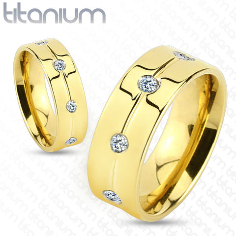 6mm Gold IP with Clear CZ Titanium Ring Wedding Band Women's Ring - Zhannel
