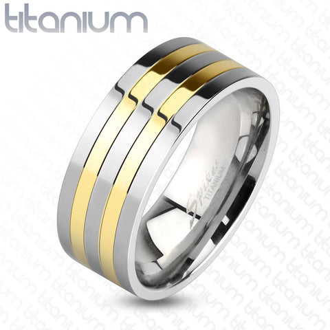 8mm Two Toned Silver and Gold IP Lines Solid Titanium Band Men's Ring - Zhannel
