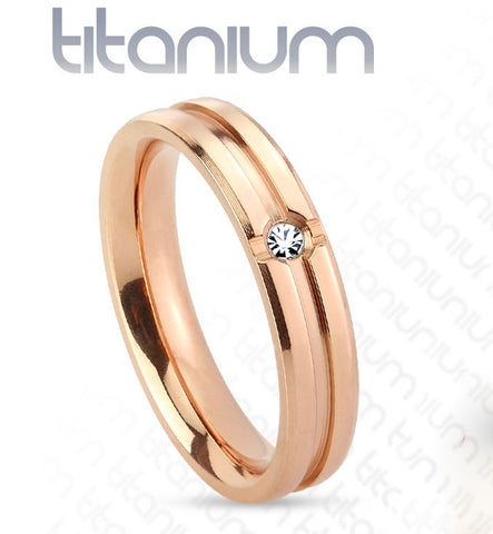 4mm Grooved Center Clear CZ Rose Gold IP Solid Titanium Women's Ring - Zhannel