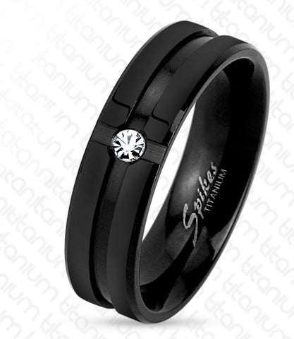 6mm Grooved Center with Clear CZ Black IP Solid Titanium Men's Ring - Zhannel