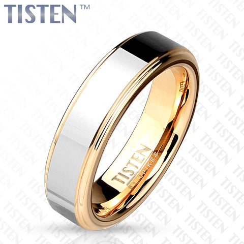 6mm Two Tone Inner Rose Gold IP with Step Edges Tisten (Tungsten+Titanium) Ring - Zhannel
