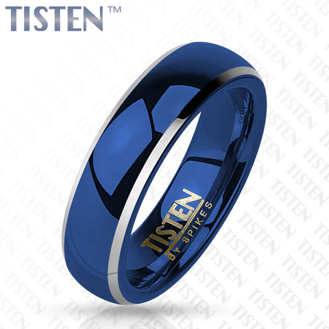 8mm Wedding Band Centered Blue IP Dome Beveled Edge Tisten (Tungsten+Titanium) - Zhannel