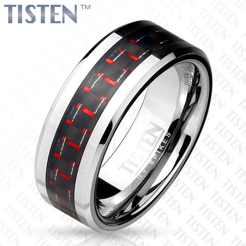 8mm Black and Red Carbon Fiber Inlay Tisten (Tungsten+Titanium) Men's Ring - Zhannel