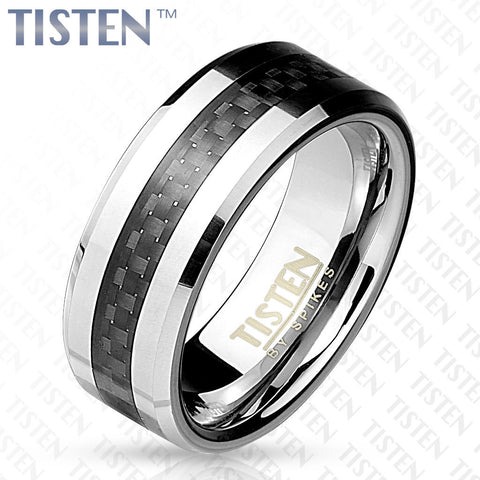 8mm Black Carbon Fiber Inlay with Beveled Edge Tisten (Tungsten+Titanium) Ring - Zhannel