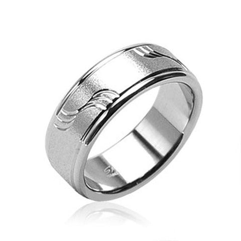 8mm Brushed with Diagonal Cut Waves 316L Surgical Stainless Steel Ring Men's Band - Zhannel