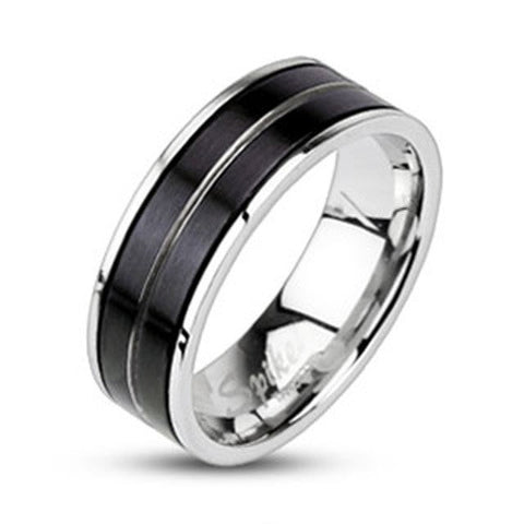 7mm Stripe Black IP 316L Stainless Steel Ring Men's Wedding Band - Zhannel