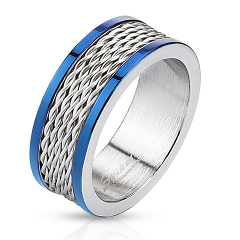 8mm Multi Wire Inlay Stainless Steel Band Ring with Blue IP Edge Men's Band - Zhannel