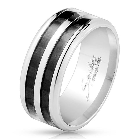 Double Black Carbon Fiber Inlay 9mm Wide Men's Band Ring Stainless Steel - Zhannel