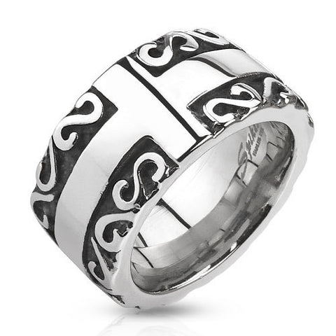 Cross with Tribal Patterned Edge Cast 12.5mm Band Men's Ring Stainless Steel - Zhannel