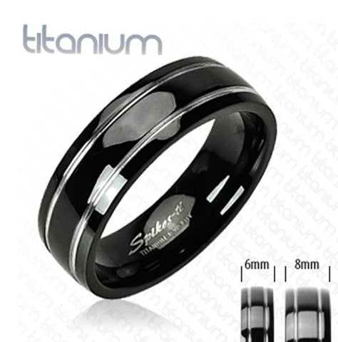 Two Stripes Engraved on Onyx Colored 8mm Ring Solid Titanium Men's Band - Zhannel
