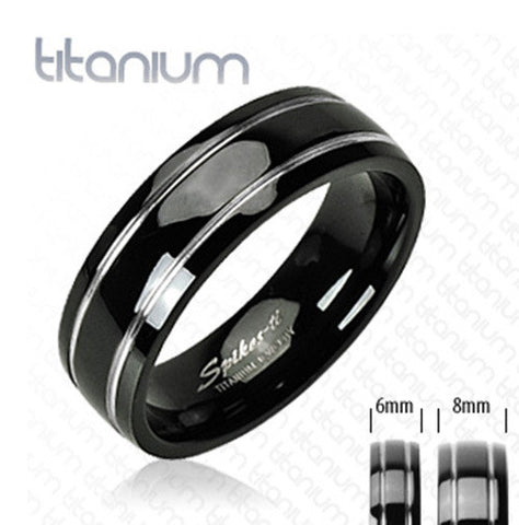 Two Stripes Engraved on Onyx Colored 8mm Ring Solid Titanium Men's Band - Zhannel