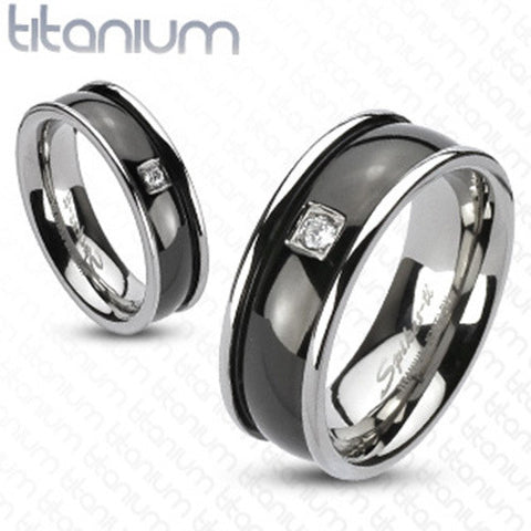 CZ with Black IP Round Center Wedding Band 8mm Men's Ring Solid Titanium - Zhannel