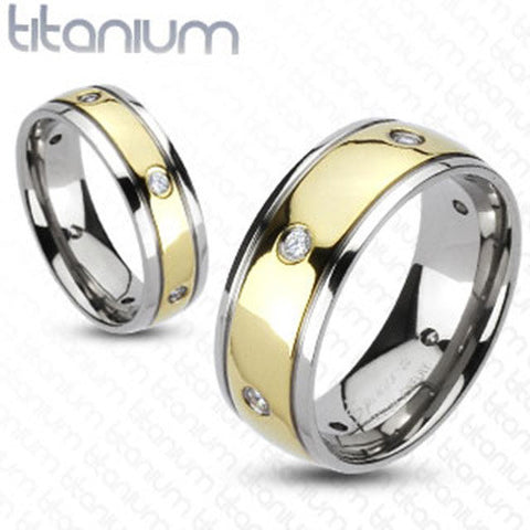 Multi-CZs Gold IP Center Dome Wedding Band 8mm Men's Ring Solid Titanium - Zhannel