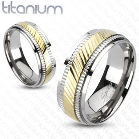 Diagonal Cut Gold IP Center Milled Edges 2-Tone Men's Band 8mm Ring Titanium - Zhannel