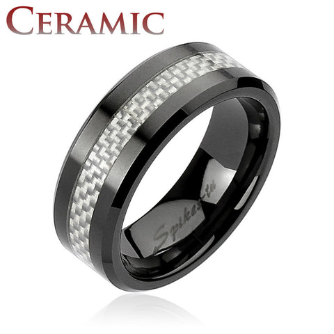 Silver Carbon Fiber Center Black Ceramic Ring 8mm Men's Wedding Band - Zhannel