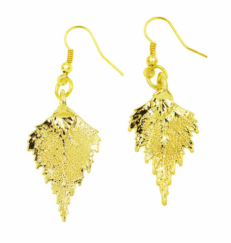 Real Leaf Hook Drop EARRINGS BIRCH Leaf Dipped in 24K Yellow Gold - Zhannel
 - 1
