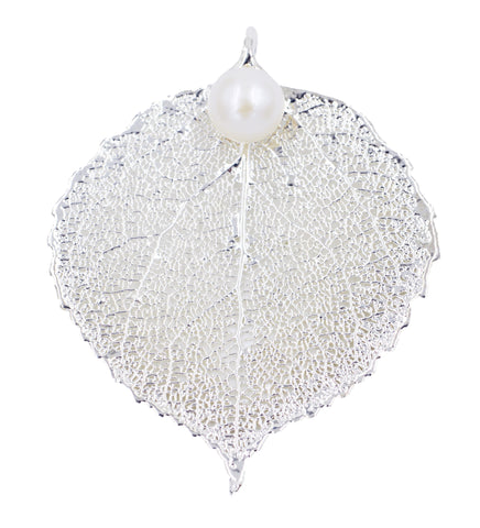 Real Leaf PENDANT Eucalyptus Silver Dipped Genuine Leaf w/Pearl - Zhannel
 - 1