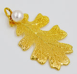 Real Leaf PENDANT Lacey OAK in 24K Yellow Gold Genuine Leaf w/Pearl