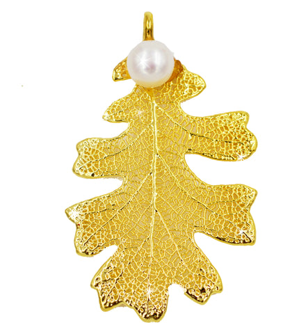 Real Leaf PENDANT Lacey OAK in 24K Yellow Gold Genuine Leaf w/Pearl