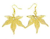 Real Leaf Hook Drop EARRINGS Japanese Maple Dipped in 24K Yellow Gold Genuine Leaf
