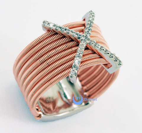 Contemporary Modern Spiral Rose Gold Cocktail Fashion X Ring CHRISTA Sterling Silver w/Signity CZ