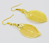 Real Leaf Hook Drop EARRINGS ROSE Genuine LEAF in 24K Yellow Gold