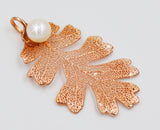 Real Leaf PENDANT Lacey OAK Dipped in Rose gold w/Freshwater Pearl