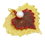 Real Leaf PENDANT COTTONWOOD 2-leaf Combo 24K Yellow Gold & Copper w/Pearl