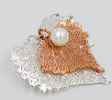 Real Leaf PENDANT COTTONWOOD 2-leaf Combo Rose Gold & Silver w/Pearl