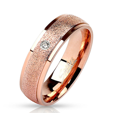 Sanded Center w/ Clear CZ Rose Gold IP Wedding Band Stainless Steel Ring - Zhannel
