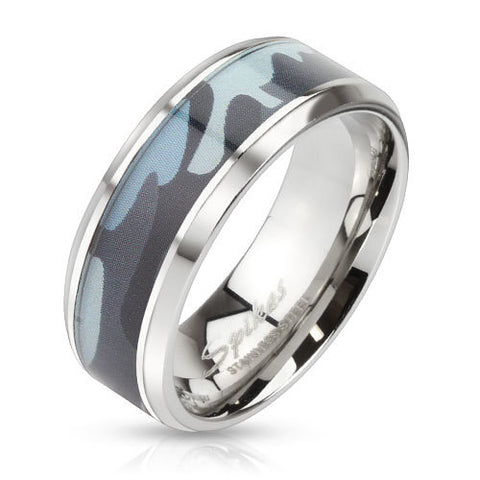 8mm Blue Camouflage Inlay Stainless Steel Beveled Edge Band Ring - Zhannel
