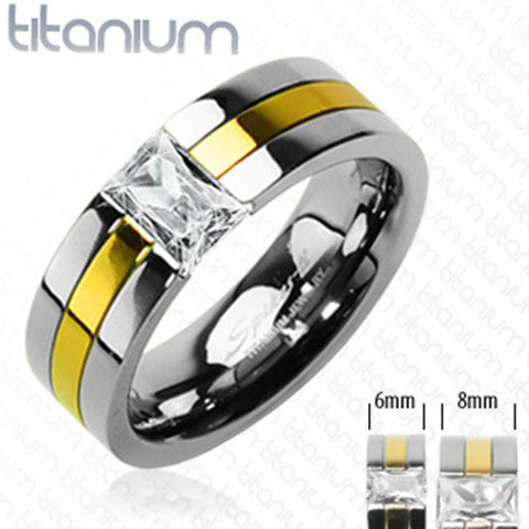 6mm Gold Plated with Emerald Cut CZ Stone Two Tone Ring Solid Titanium - Zhannel
