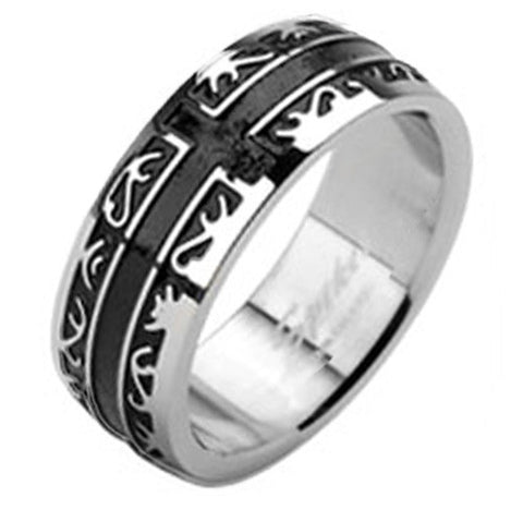 8mm Tribal Black IP with a Cross Band Men's Ring Stainless Steel - Zhannel

