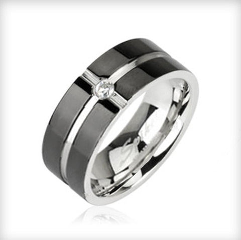Layered Crossing Black IP with CZ Center 316L Surgical Stainless Steel Ring - Zhannel
